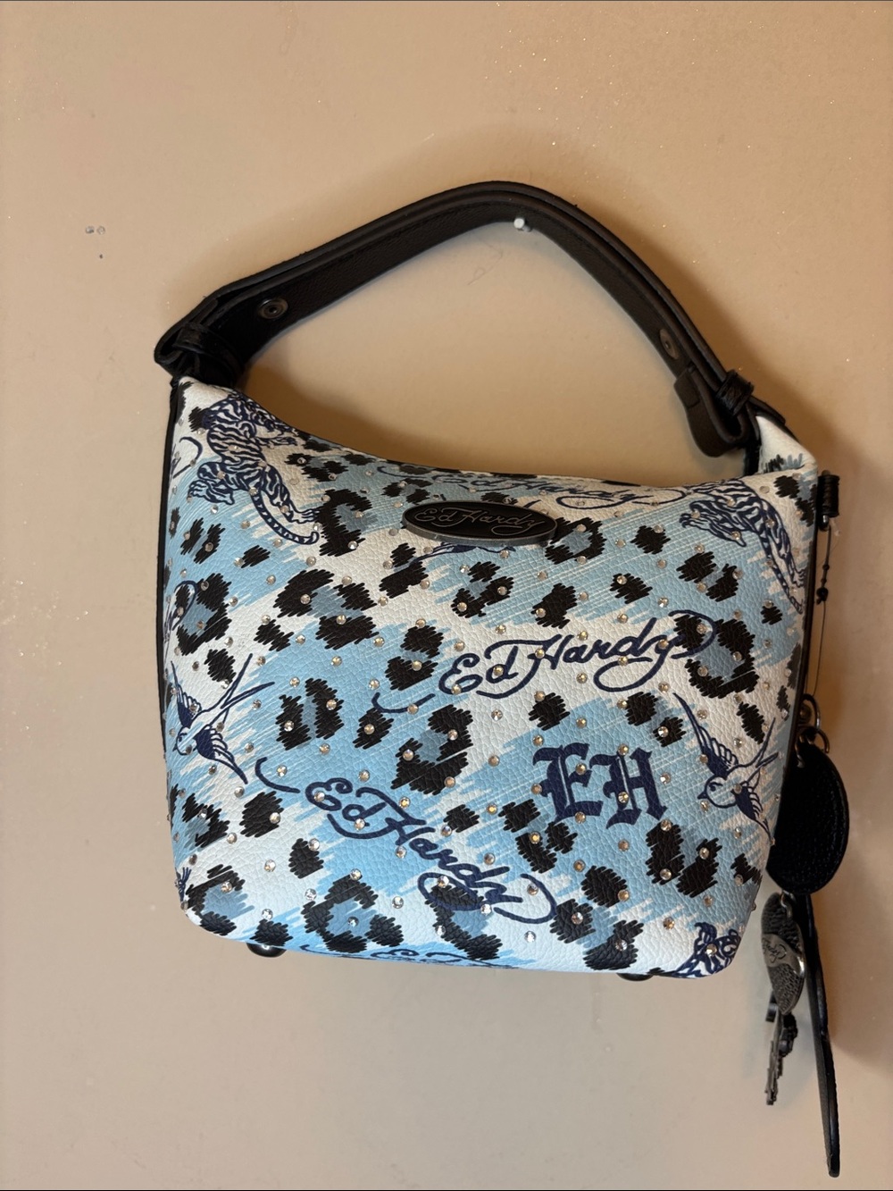 Ed Hardy Sky Blue Leopard Print Shoulder Bag with Black Handle